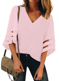 Utyful Women's Summer Casual V Neck Mesh Panel 3/4 Bell Sleeve Solid Loose Blouse Top