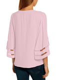 Utyful Women's Summer Casual V Neck Mesh Panel 3/4 Bell Sleeve Solid Loose Blouse Top