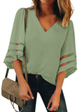 Utyful Women's Summer Casual V Neck Mesh Panel 3/4 Bell Sleeve Solid Loose Blouse Top