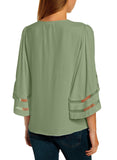 Utyful Women's Summer Casual V Neck Mesh Panel 3/4 Bell Sleeve Solid Loose Blouse Top