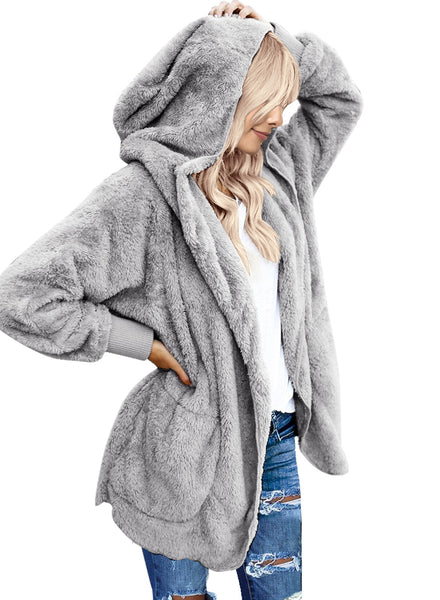 Utyful Women’s Long Sleeve Loose Fit Open Front Hood Cardigan Fuzzy Fleece Jacket Coat Outwear