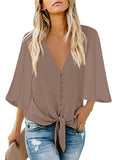 Utyful Women's Casual V-Neck 3/4 Tie Knot Blouse Button Down Shirts Tops