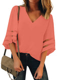 Utyful Women's Summer Casual V Neck Mesh Panel 3/4 Bell Sleeve Solid Loose Blouse Top