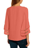 Utyful Women's Summer Casual V Neck Mesh Panel 3/4 Bell Sleeve Solid Loose Blouse Top