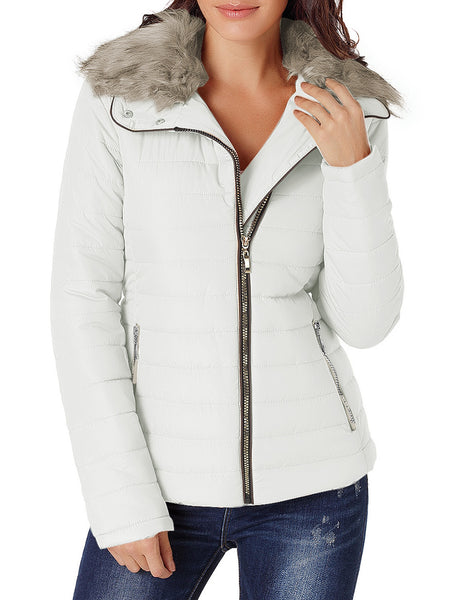 Utyful Women Long Sleeve Lightweight Faux Fur Lapel Zip Jacket Quilted Outerwear Parka Coat