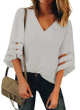 Utyful Women's Summer Casual V Neck Mesh Panel 3/4 Bell Sleeve Solid Loose Blouse Top
