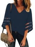 Utyful Women's Summer Casual V Neck Mesh Panel 3/4 Bell Sleeve Solid Loose Blouse Top