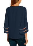 Utyful Women's Summer Casual V Neck Mesh Panel 3/4 Bell Sleeve Solid Loose Blouse Top