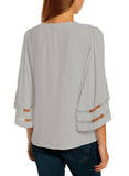 Utyful Women's Summer Casual V Neck Mesh Panel 3/4 Bell Sleeve Solid Loose Blouse Top