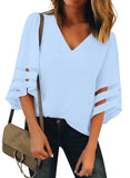 Utyful Women's Summer Casual V Neck Mesh Panel 3/4 Bell Sleeve Solid Loose Blouse Top