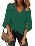 Utyful Women's Summer Casual V Neck Mesh Panel 3/4 Bell Sleeve Solid Loose Blouse Top