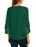 Utyful Women's Summer Casual V Neck Mesh Panel 3/4 Bell Sleeve Solid Loose Blouse Top