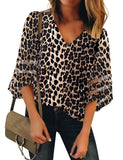 Utyful Women's Summer Casual V Neck Mesh Panel 3/4 Bell Sleeve Solid Loose Blouse Top